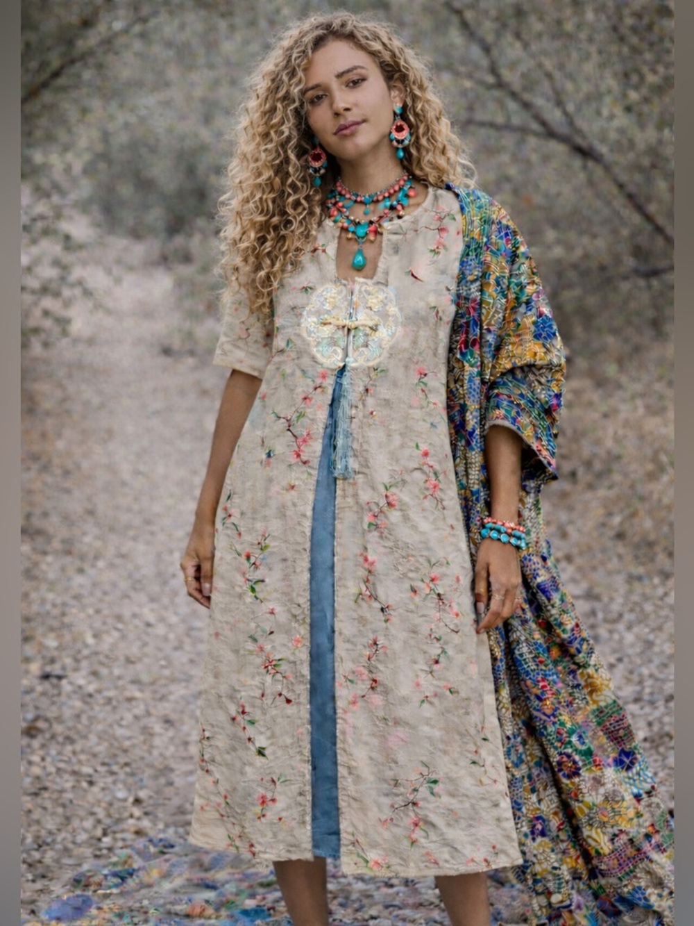 Handmade Boho‎ Dress | Embroidered Silk Feel | Mandarin Collar & Tassel |